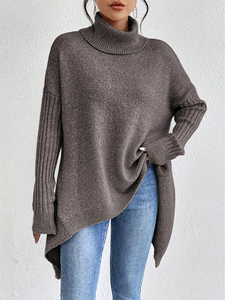 Elegant Stickad Dam Tröja med Hög Rullhals | Oversized Design för Avslappnad Stil 1