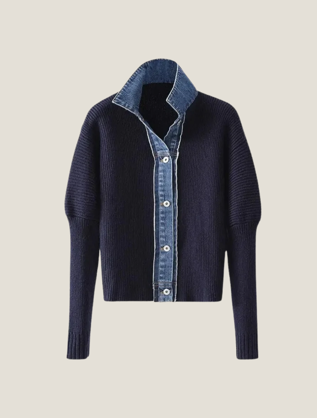 Elegant Stickad Kofta med Knappframsida och Jeansstil Trim | Mångsidig Design för Avslappnad Elegans 0