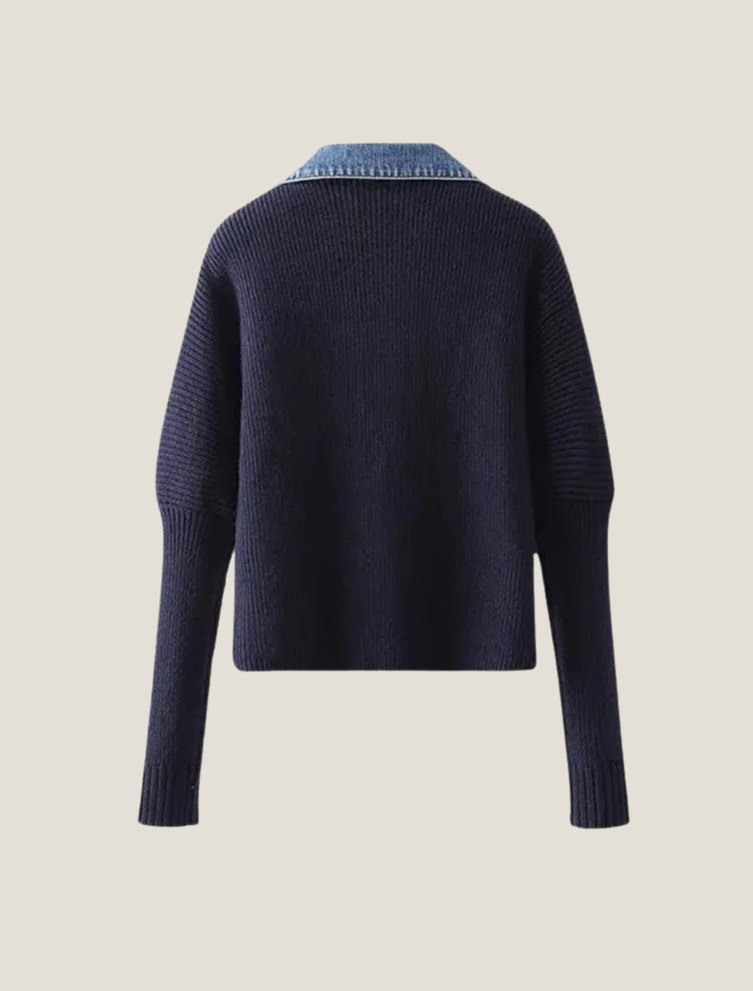 Elegant Stickad Kofta med Knappframsida och Jeansstil Trim | Mångsidig Design för Avslappnad Elegans 1