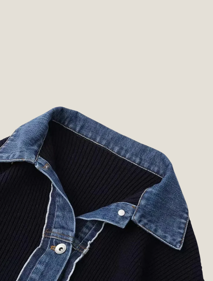 Elegant Stickad Kofta med Knappframsida och Jeansstil Trim | Mångsidig Design för Avslappnad Elegans 2