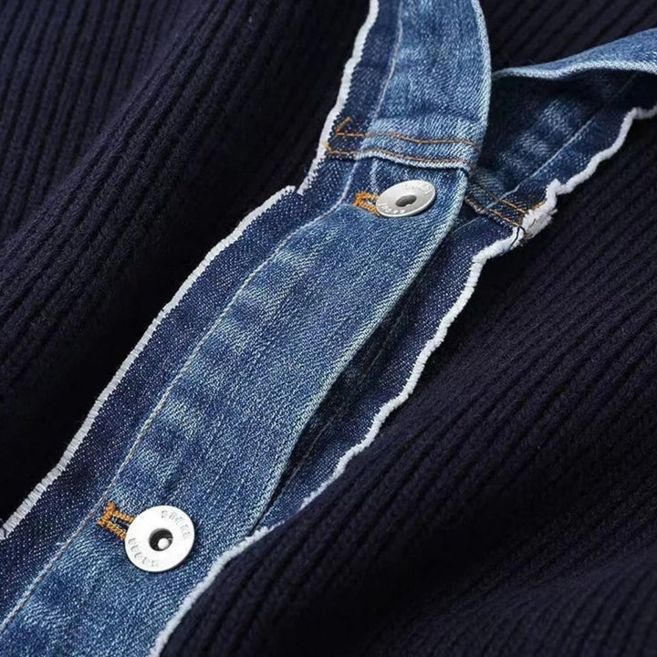 Elegant Stickad Kofta med Knappframsida och Jeansstil Trim | Mångsidig Design för Avslappnad Elegans 3