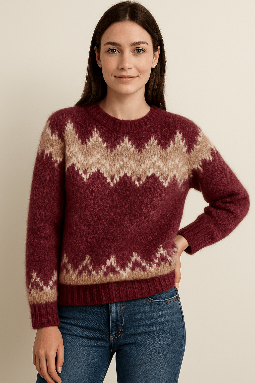 Elegant Stickad Tröja Dam med Rund Hals och Jacquarddesign | Tidlös Stil för Vardagsbruk 0