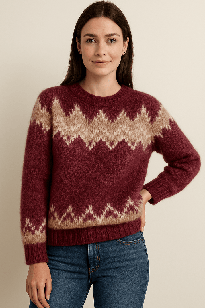 Elegant Stickad Tröja Dam med Rund Hals och Jacquarddesign | Tidlös Stil för Vardagsbruk 0