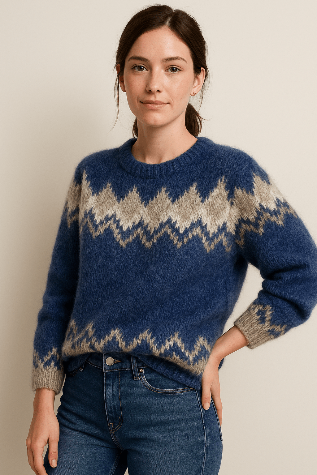 Elegant Stickad Tröja Dam med Rund Hals och Jacquarddesign | Tidlös Stil för Vardagsbruk 1