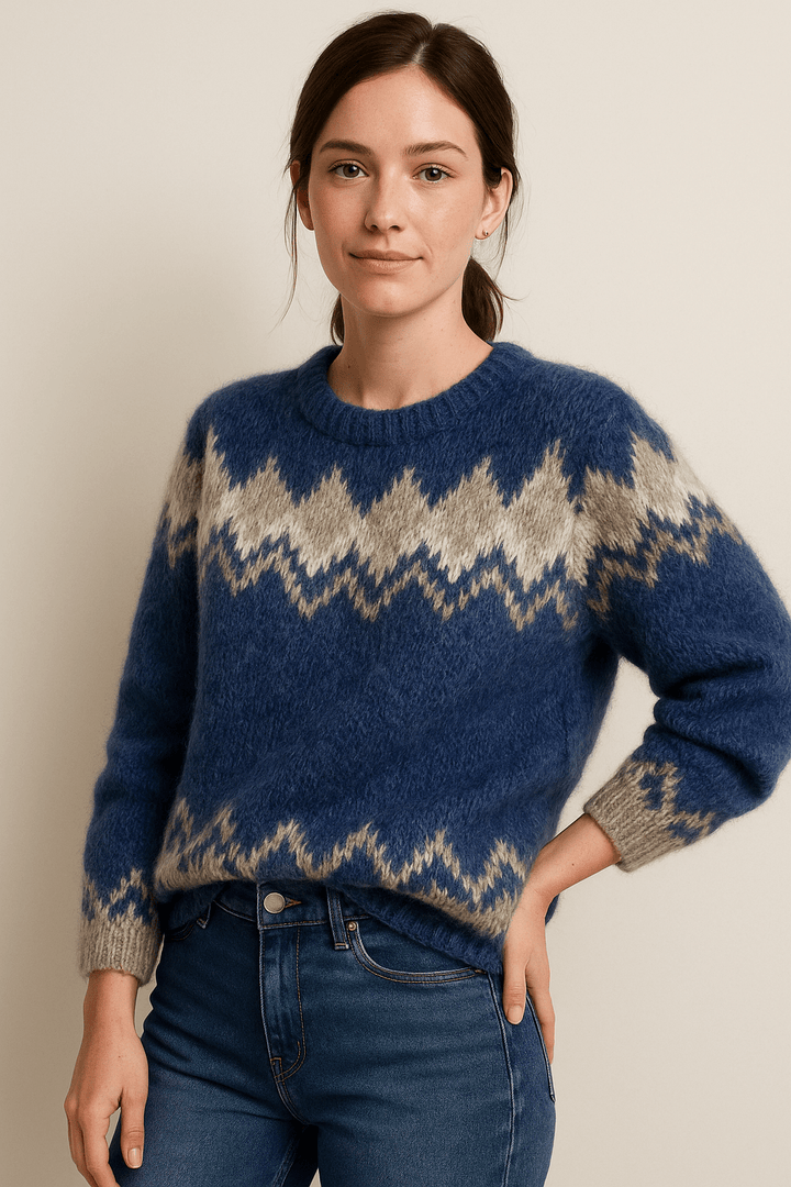 Elegant Stickad Tröja Dam med Rund Hals och Jacquarddesign | Tidlös Stil för Vardagsbruk 1