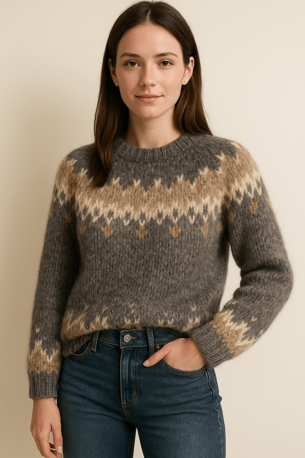 Elegant Stickad Tröja Dam med Rund Hals och Jacquarddesign | Tidlös Stil för Vardagsbruk 2
