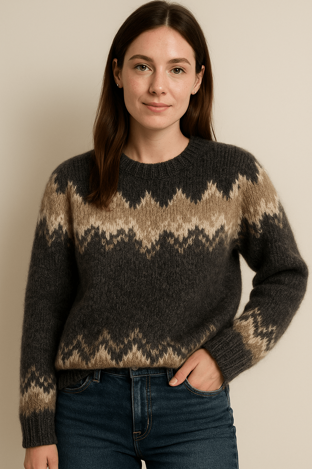 Elegant Stickad Tröja Dam med Rund Hals och Jacquarddesign | Tidlös Stil för Vardagsbruk 3
