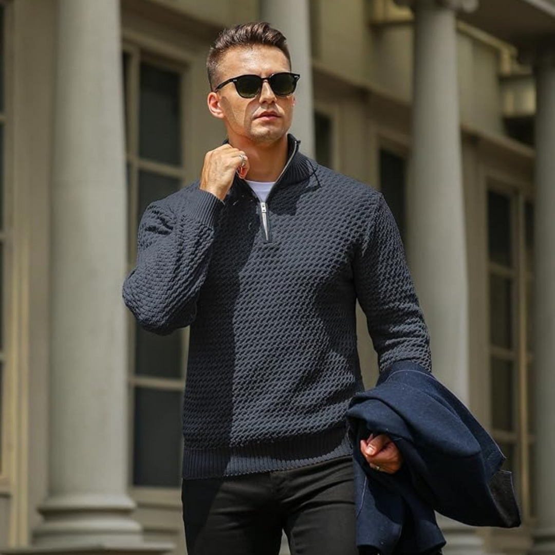Elegant Stickad Tröja med Kvartsdragkedja och Texturerat Mönster | Perfekt för Smart Casual Stil 5