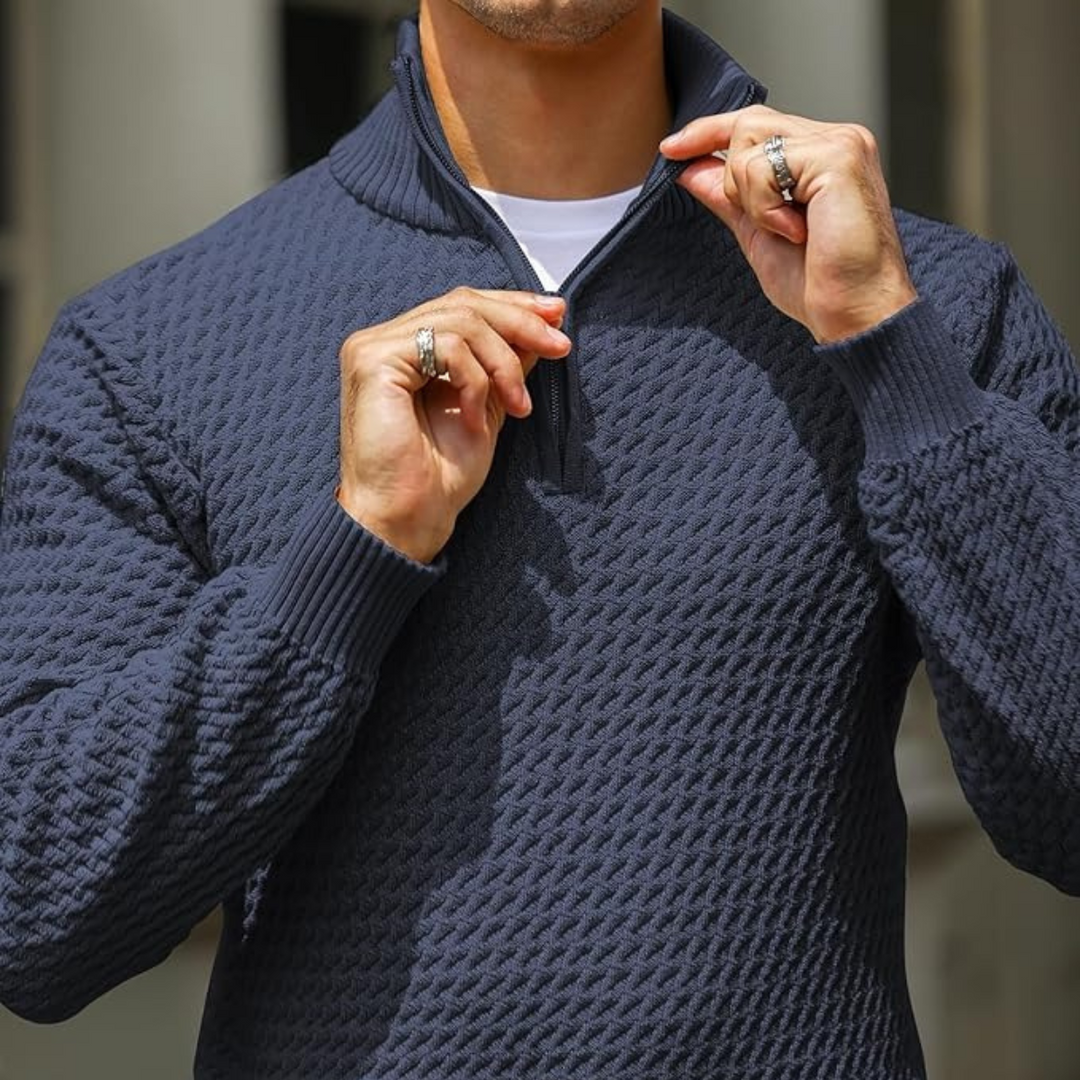 Elegant Stickad Tröja med Kvartsdragkedja och Texturerat Mönster | Perfekt för Smart Casual Stil 6