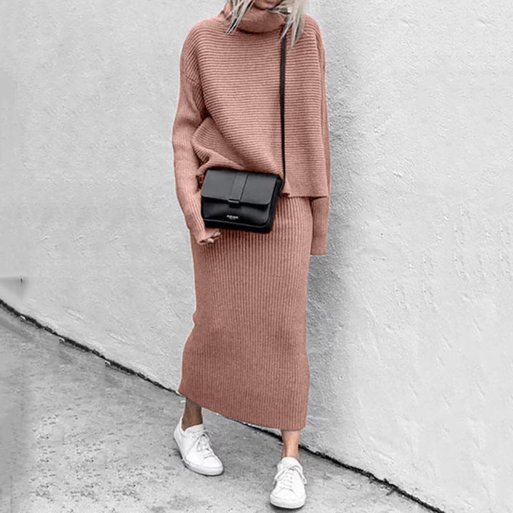Elegant Stickat Set Dam | Turtleneck Tröja &amp; Maxikjol med Mjuk Stickning | Stilrent Set för Komfort och Elegans 0