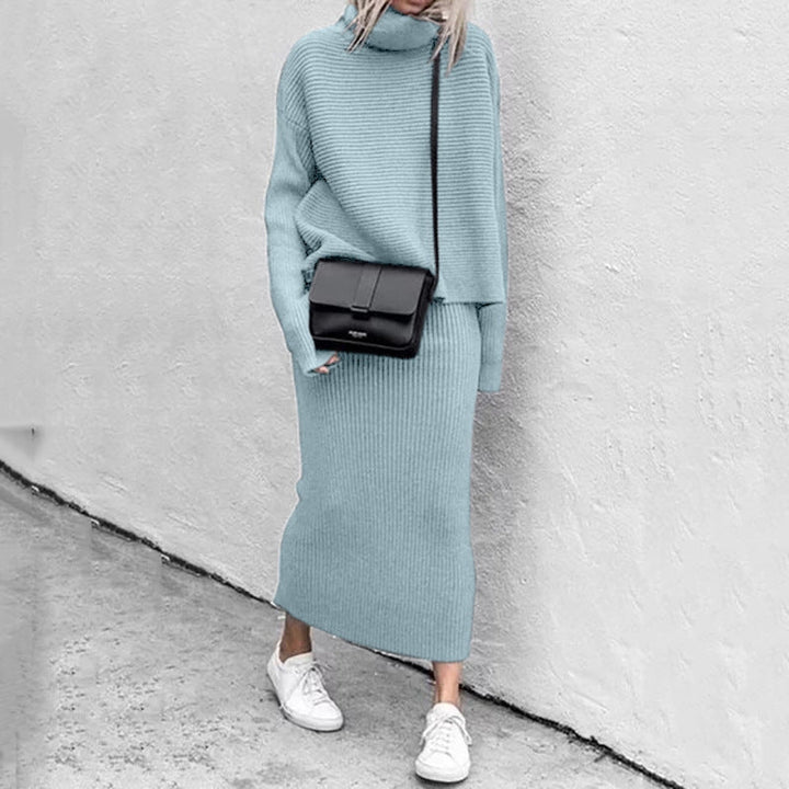 Elegant Stickat Set Dam | Turtleneck Tröja &amp; Maxikjol med Mjuk Stickning | Stilrent Set för Komfort och Elegans 1