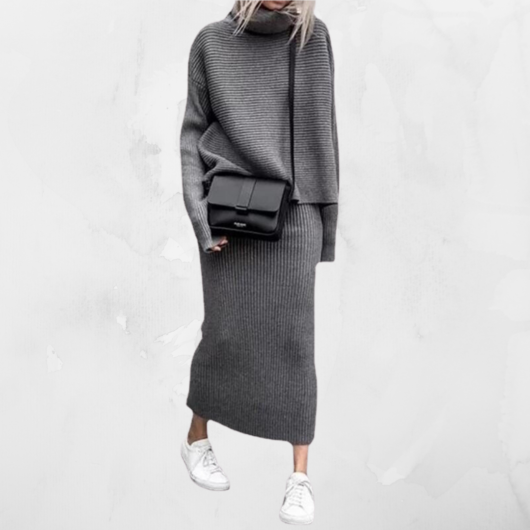 Elegant Stickat Set Dam | Turtleneck Tröja &amp; Maxikjol med Mjuk Stickning | Stilrent Set för Komfort och Elegans 4