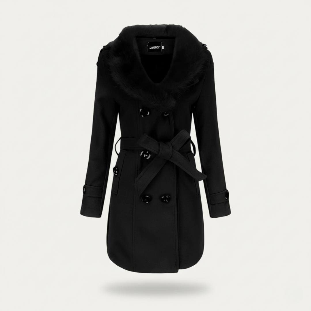 Elegant Svart Trenchcoat för Kvinnor med Fuskpäls och Midjebälte | Tidlös Design för Kalla Månader 1