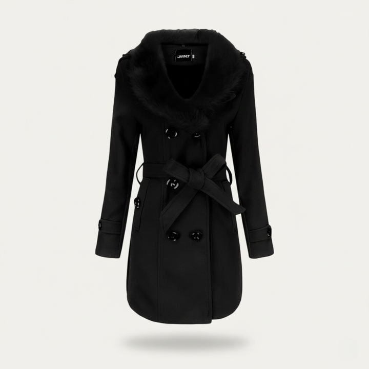Elegant Svart Trenchcoat för Kvinnor med Fuskpäls och Midjebälte | Tidlös Design för Kalla Månader 1