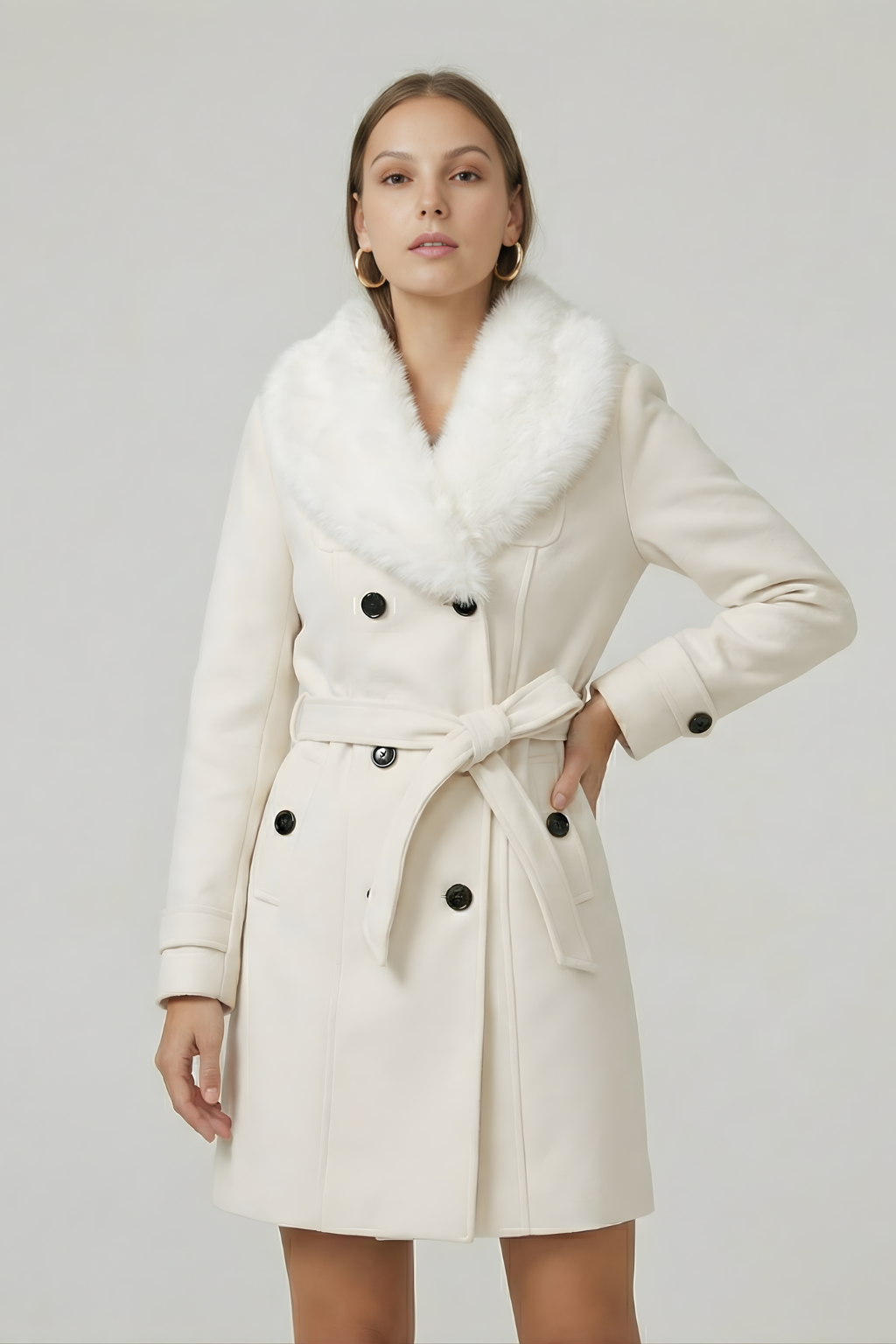 Elegant Svart Trenchcoat för Kvinnor med Fuskpäls och Midjebälte | Tidlös Design för Kalla Månader 5