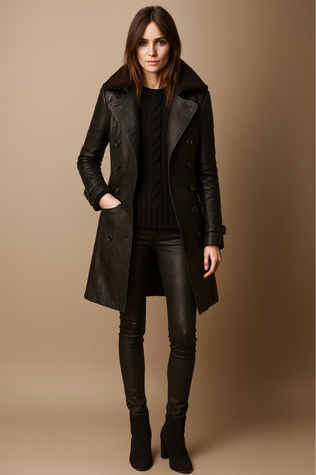 Elegant Svart Trenchcoat i Konstläder med Shearling-Krage | Stilren Design för Höst och Vinter 0