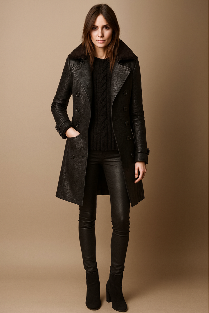 Elegant Svart Trenchcoat i Konstläder med Shearling-Krage | Stilren Design för Höst och Vinter 0