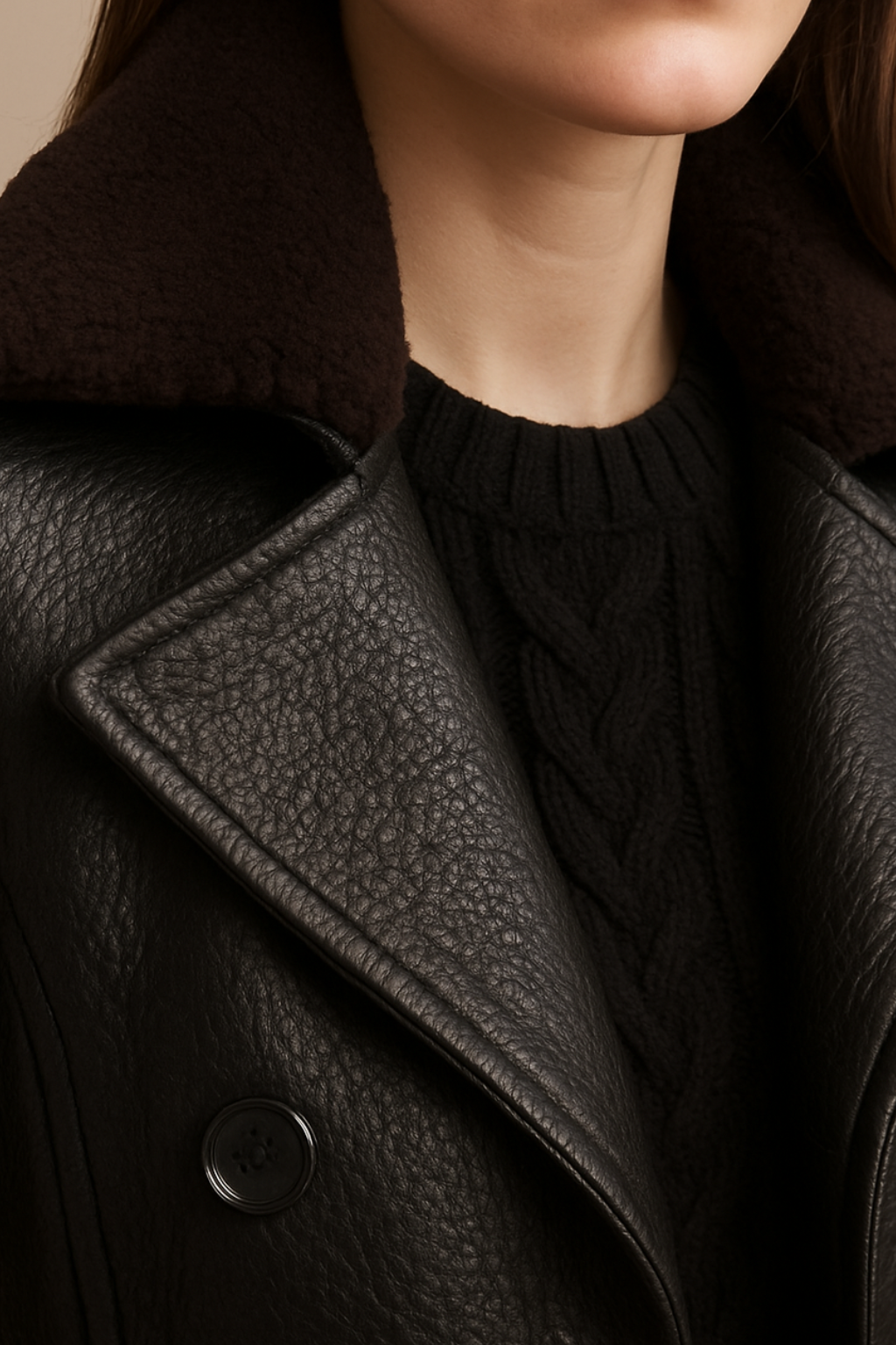 Elegant Svart Trenchcoat i Konstläder med Shearling-Krage | Stilren Design för Höst och Vinter 1
