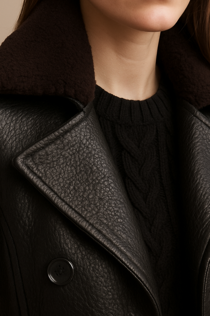 Elegant Svart Trenchcoat i Konstläder med Shearling-Krage | Stilren Design för Höst och Vinter 1