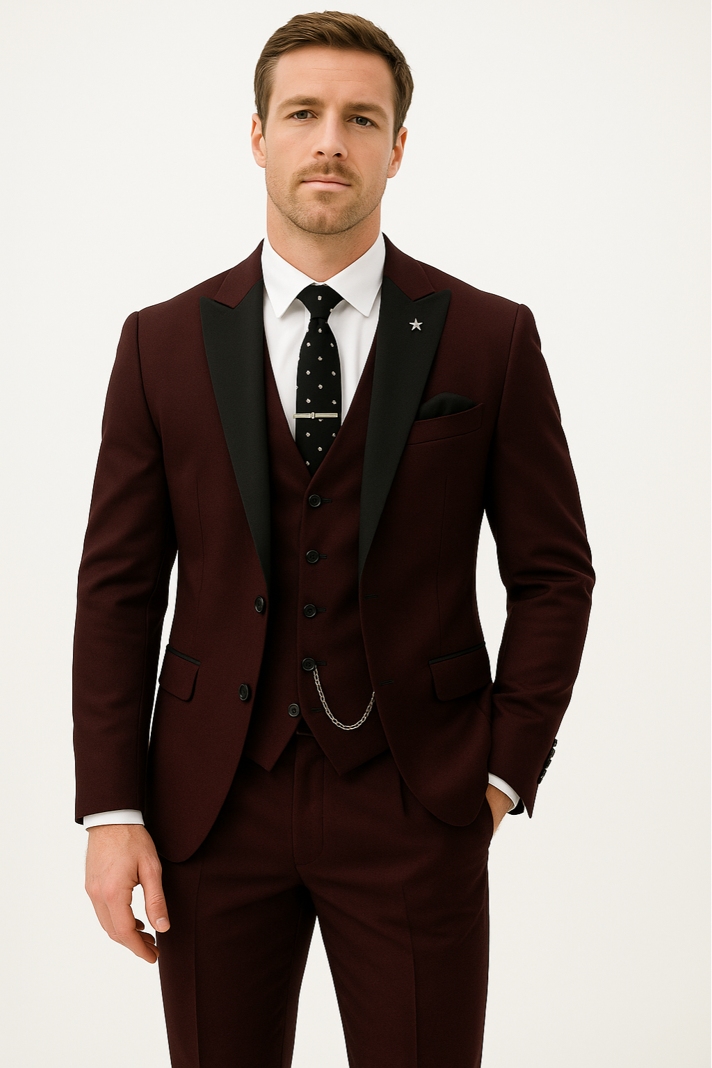 Elegant Tredelad Kostym Herr i Burgundy med Slimmad Passform | Perfekt för Affär och Bröllop 0