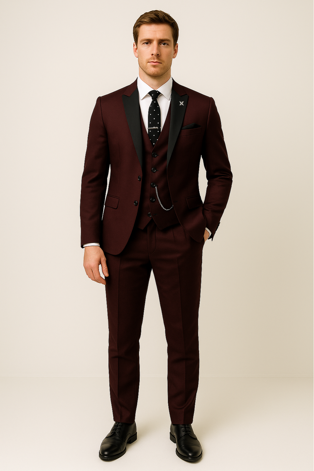 Elegant Tredelad Kostym Herr i Burgundy med Slimmad Passform | Perfekt för Affär och Bröllop 2