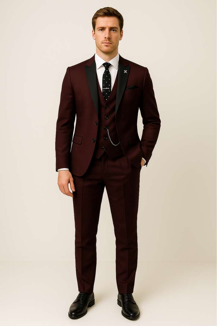 Elegant Tredelad Kostym Herr i Burgundy med Slimmad Passform | Perfekt för Affär och Bröllop 2