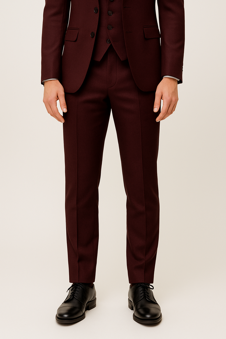 Elegant Tredelad Kostym Herr i Burgundy med Slimmad Passform | Perfekt för Affär och Bröllop 3