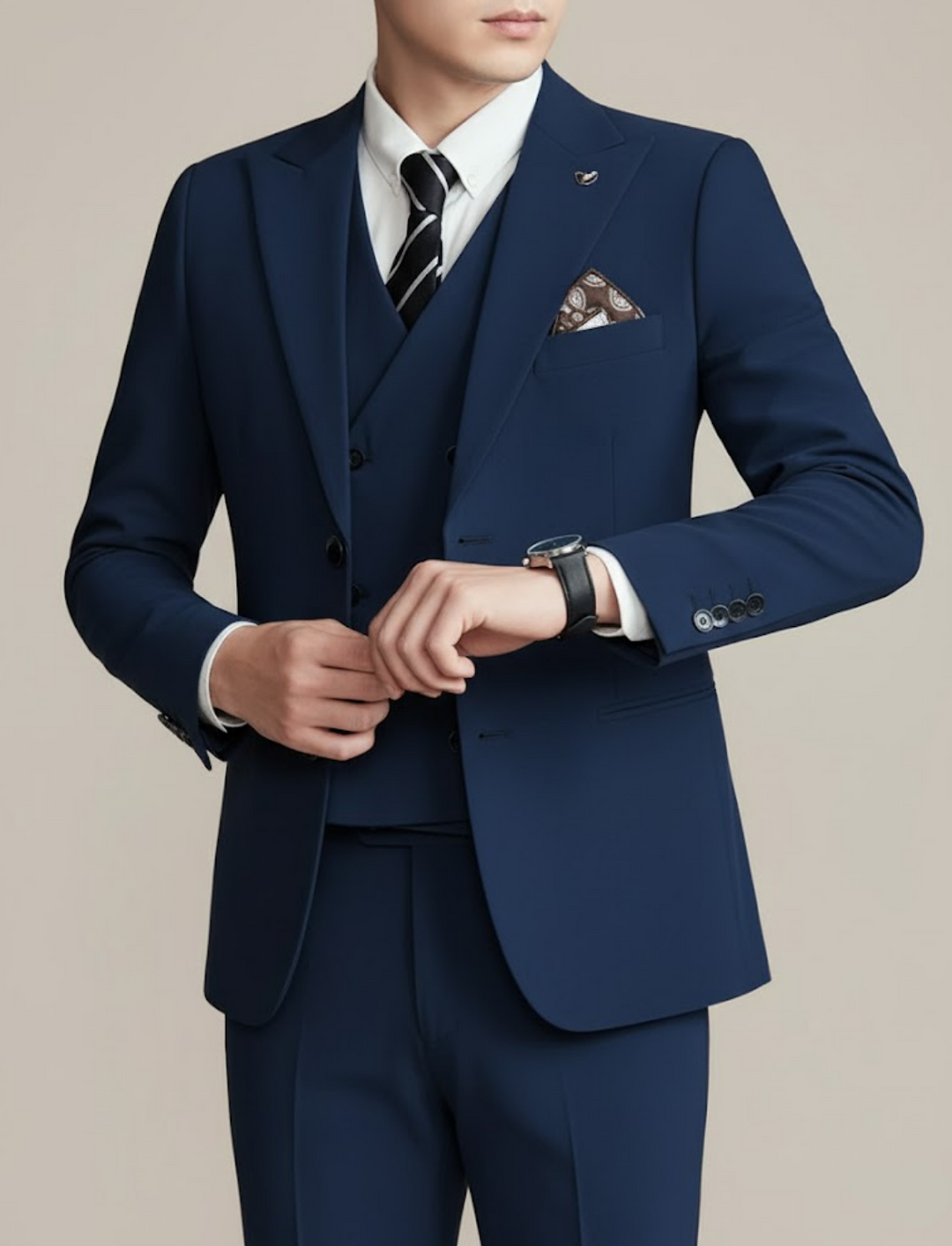 Elegant Tredelad Kostym Herr med Dubbelknäppt Design | Perfekt för Bröllop och Formella Tillfällen 4
