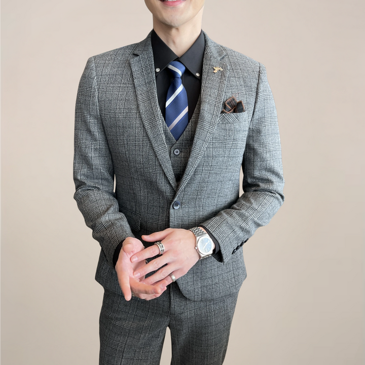 Elegant Tredelad Kostym Herr med Slim Fit och Rutmönster | Perfekt för Affärsmöten och Sociala Evenemang 0