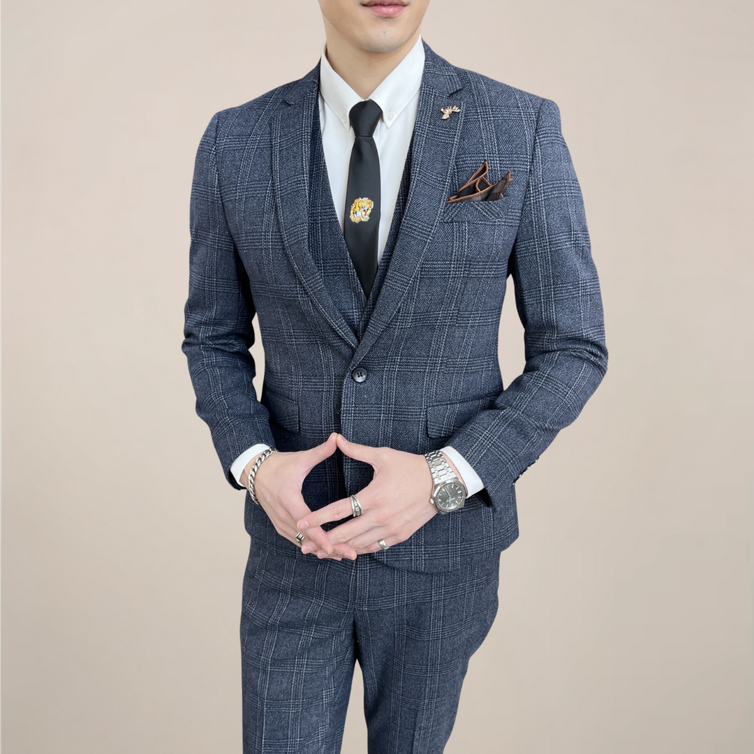 Elegant Tredelad Kostym Herr med Slim Fit och Rutmönster | Perfekt för Affärsmöten och Sociala Evenemang 1