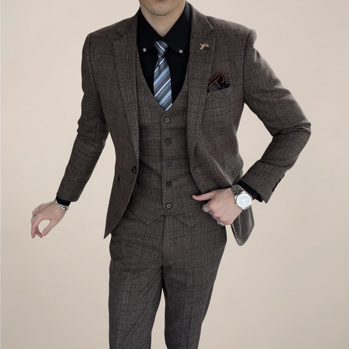 Elegant Tredelad Kostym Herr med Slim Fit och Rutmönster | Perfekt för Affärsmöten och Sociala Evenemang 2