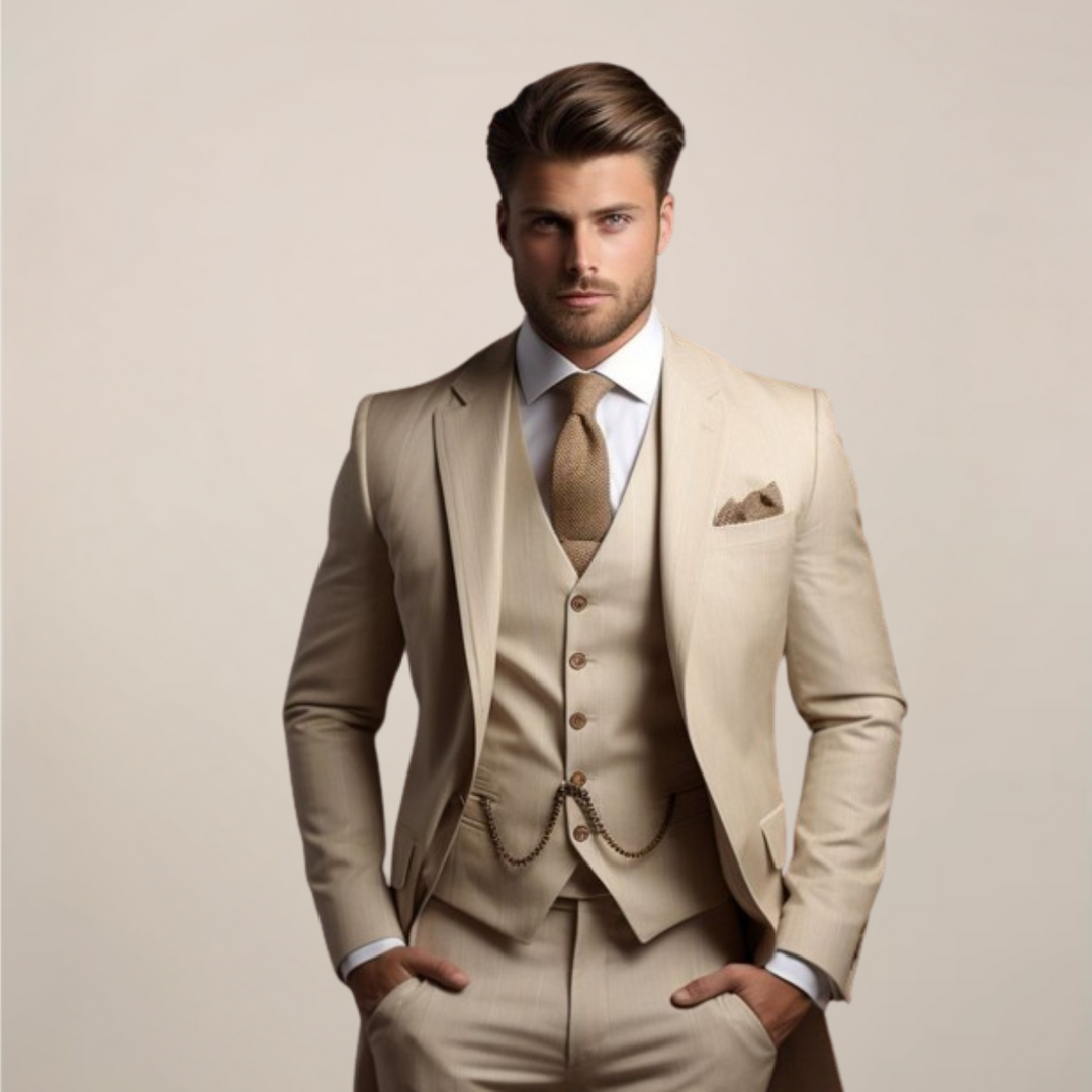 Elegant Tredelad Slim Fit-dräkt för Män med Skräddarsydd Jacka | Perfekt för Bröllop och Formella Evenemang 0