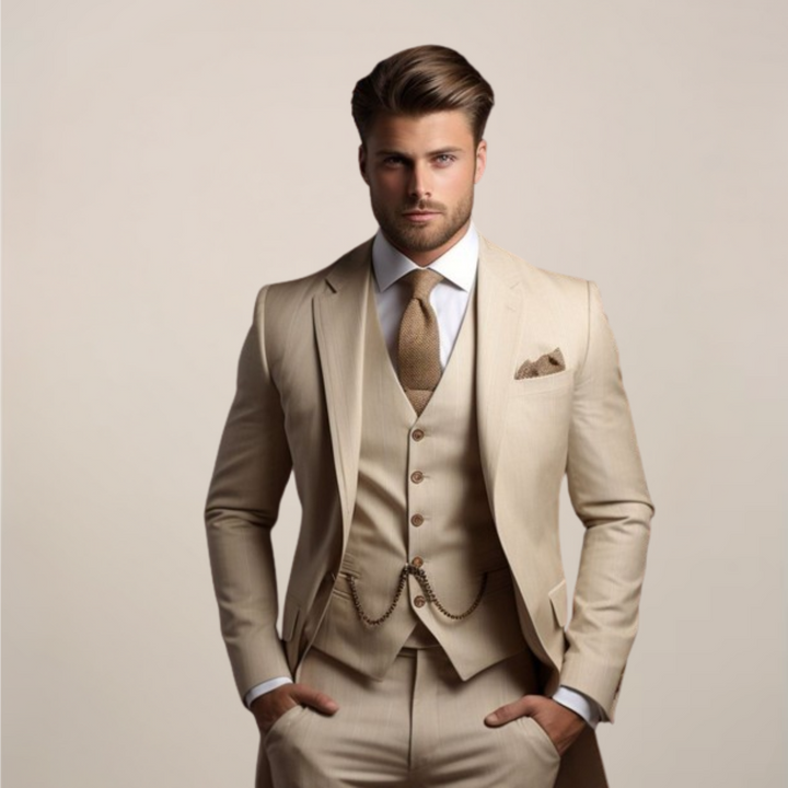 Elegant Tredelad Slim Fit-dräkt för Män med Skräddarsydd Jacka | Perfekt för Bröllop och Formella Evenemang 0