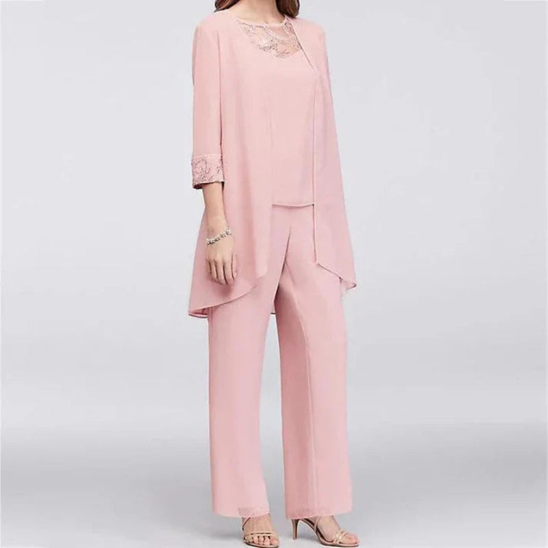 Elegant Tredelat Set för Kvinnor med Lång Jacka & Vida Byxor | Perfekt för Formella Tillfällen 0