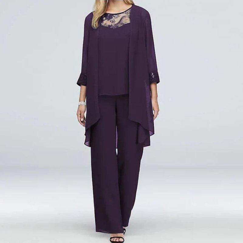 Elegant Tredelat Set för Kvinnor med Lång Jacka & Vida Byxor | Perfekt för Formella Tillfällen 1