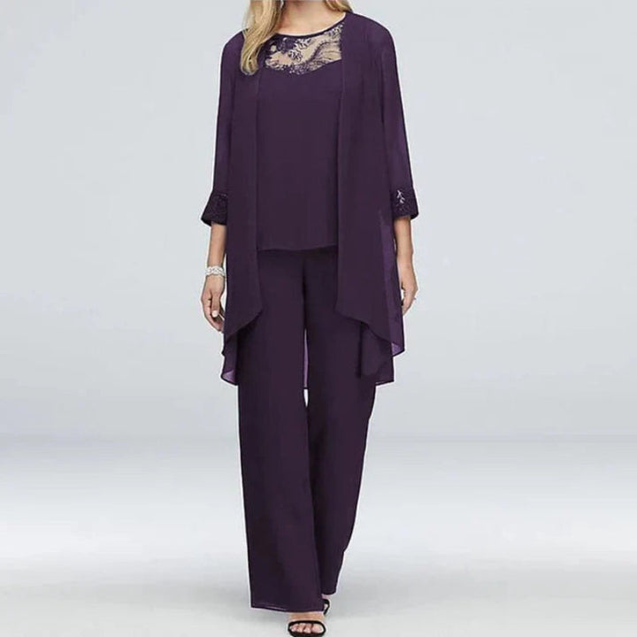 Elegant Tredelat Set för Kvinnor med Lång Jacka & Vida Byxor | Perfekt för Formella Tillfällen 1