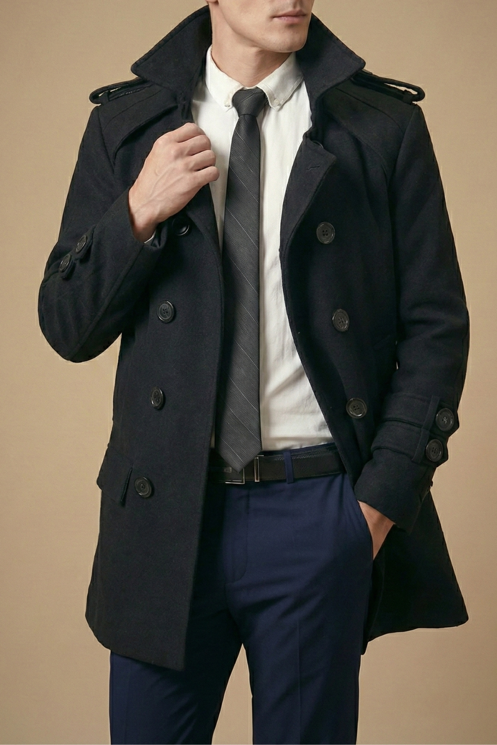 Elegant Trenchcoat Män | Dubbelknäppt Ull Design för Mångsidig Klädsel och Komfort 0