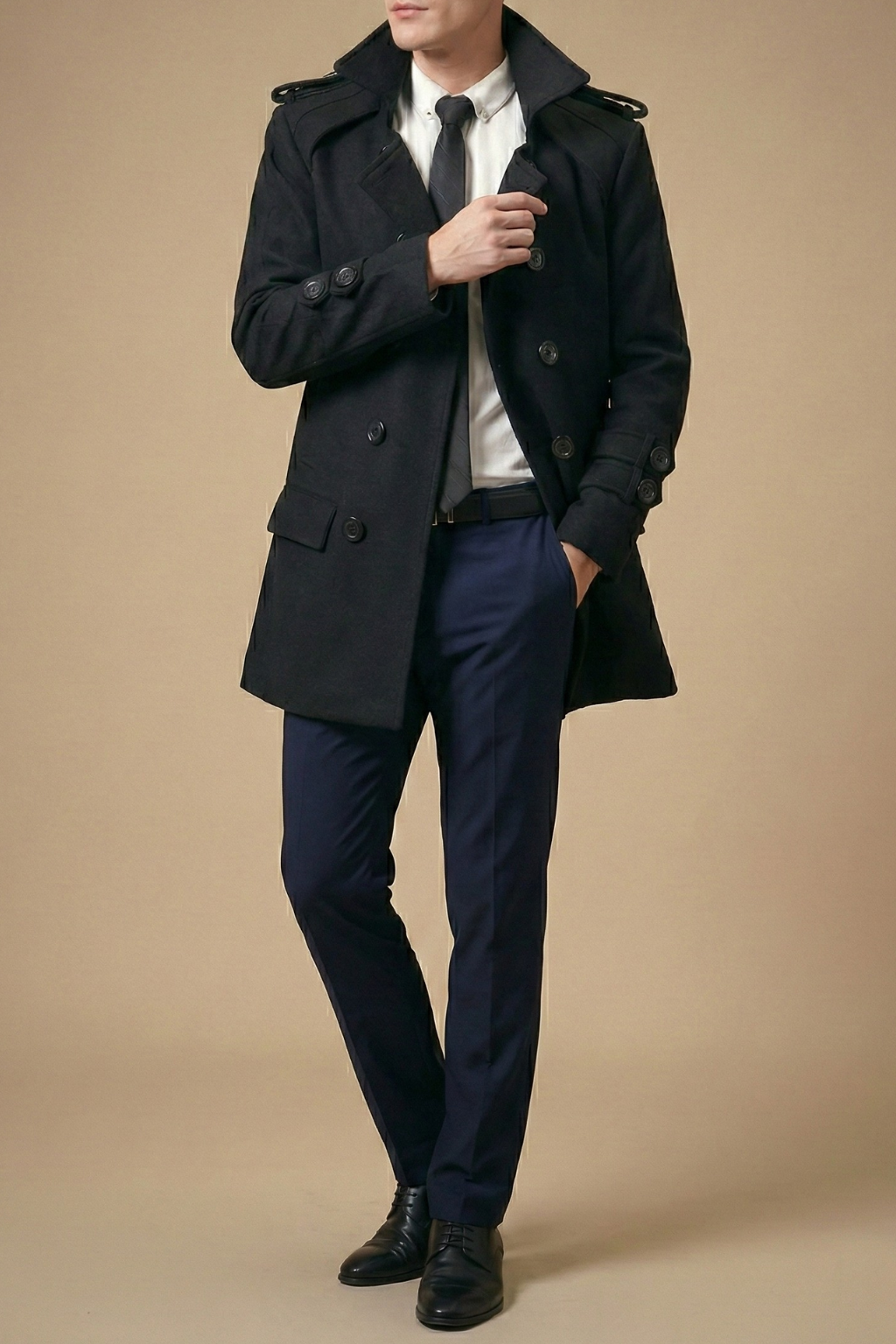 Elegant Trenchcoat Män | Dubbelknäppt Ull Design för Mångsidig Klädsel och Komfort 1