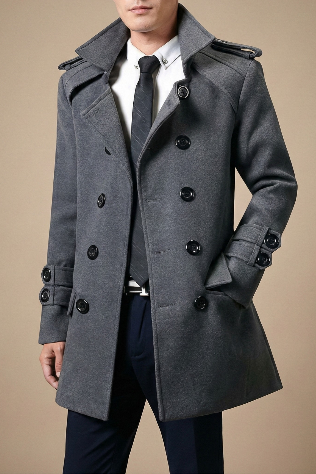 Elegant Trenchcoat Män | Dubbelknäppt Ull Design för Mångsidig Klädsel och Komfort 3
