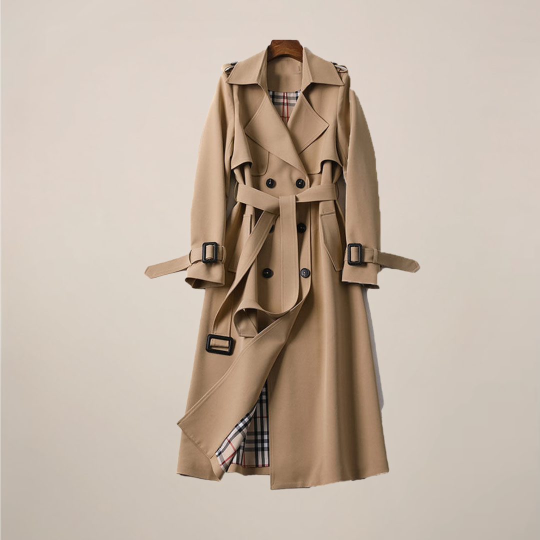 Elegant Trenchcoat | Dubbelknäppt Design med Bälte & Rutigt Foder | Tidlös Stil för Kalla Dagar 0
