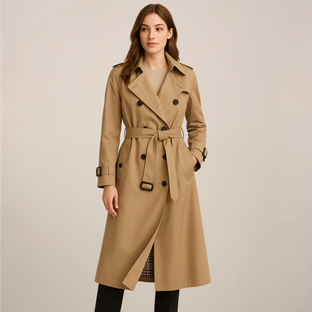 Elegant Trenchcoat | Dubbelknäppt Design med Bälte & Rutigt Foder | Tidlös Stil för Kalla Dagar 1