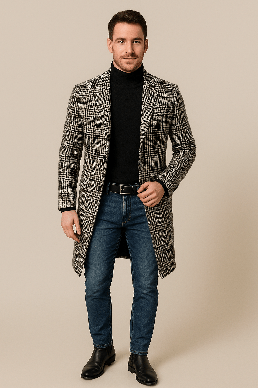 Elegant Trenchcoat | Rutig Ullblandning med Slim Fit | Modern Stil för Höst och Vinter 0