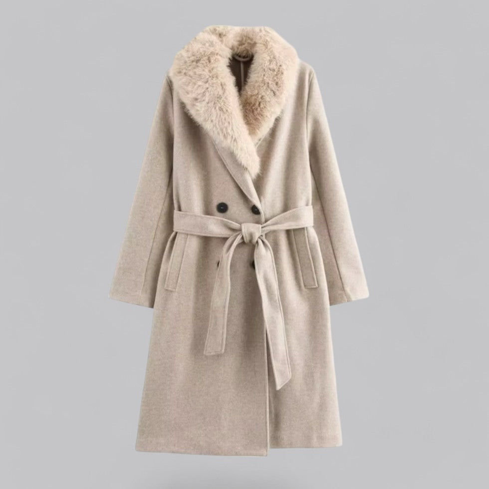 Elegant Trenchcoat för Kvinnor | Dubbelknäppt Design med Fuskpälskrage | Stilren Långlinjekappa för Mångsidig Användning 0
