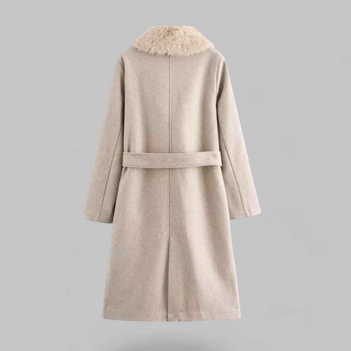 Elegant Trenchcoat för Kvinnor | Dubbelknäppt Design med Fuskpälskrage | Stilren Långlinjekappa för Mångsidig Användning 1