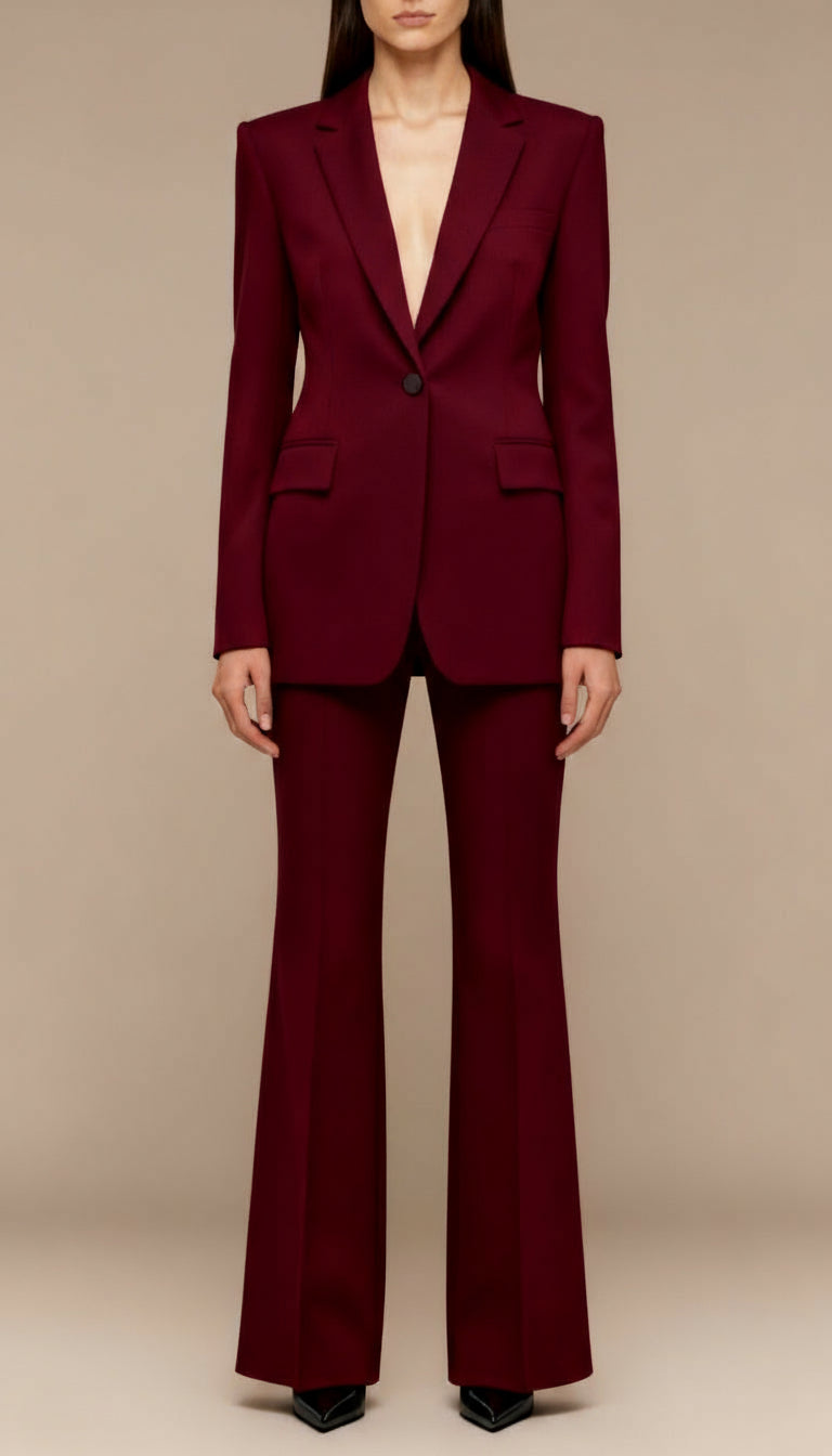 Elegant Tvådelad Kostym | Skulpterad Kavaj och Utsvängda Byxor | Modern Stil för Självsäker Look 0