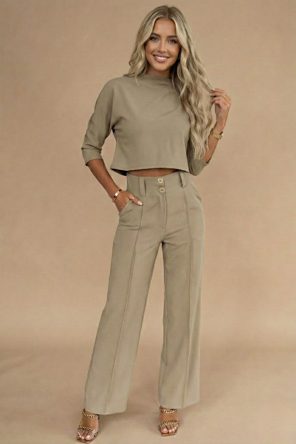 Elegant Tvådelat Set Dam | Långärmad Croptop & Högmidjade Byxor för Stilfulla Tillfällen 0