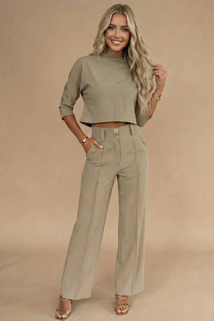 Elegant Tvådelat Set Dam | Långärmad Croptop & Högmidjade Byxor för Stilfulla Tillfällen 0