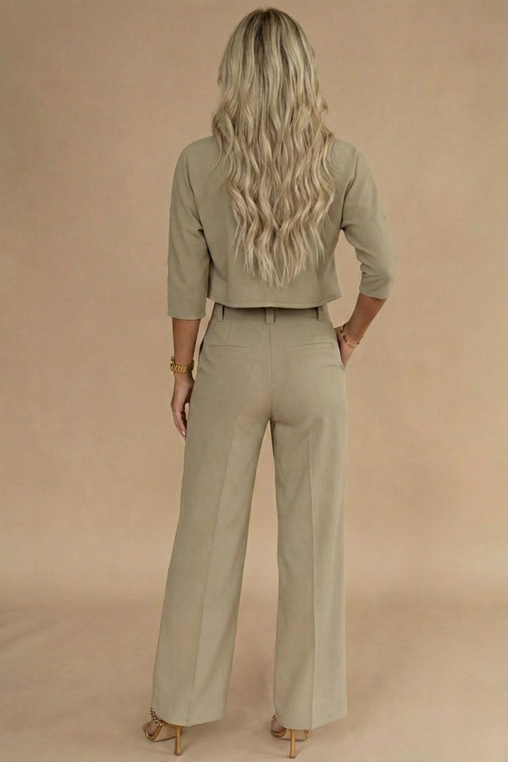Elegant Tvådelat Set Dam | Långärmad Croptop & Högmidjade Byxor för Stilfulla Tillfällen 1
