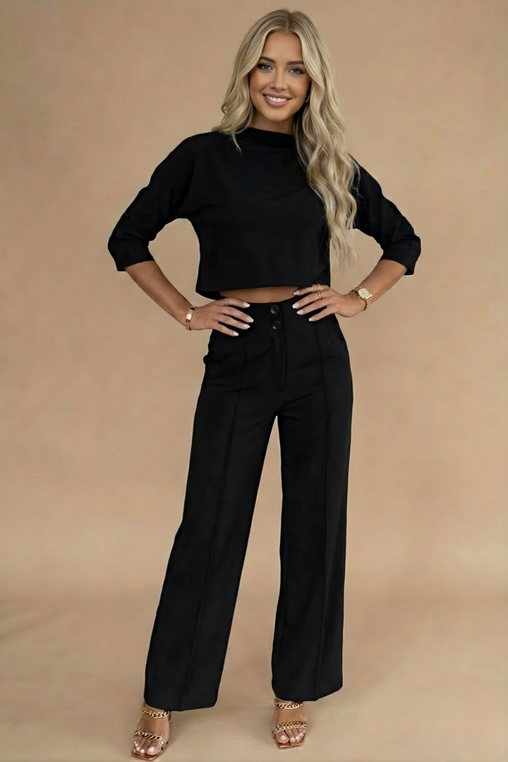 Elegant Tvådelat Set Dam | Långärmad Croptop & Högmidjade Byxor för Stilfulla Tillfällen 2