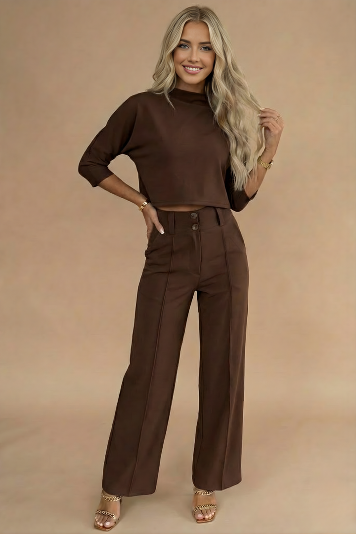 Elegant Tvådelat Set Dam | Långärmad Croptop & Högmidjade Byxor för Stilfulla Tillfällen 4